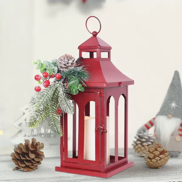 DECORKEY Christmas Decorations For Home Decorative Christmas Lantern Indoor Outdoor Decor Metal Hanging Candle Holder with Xmas Teardrop Wreath ampamp LED Candle for Table Centerpieces Patio PorchRed