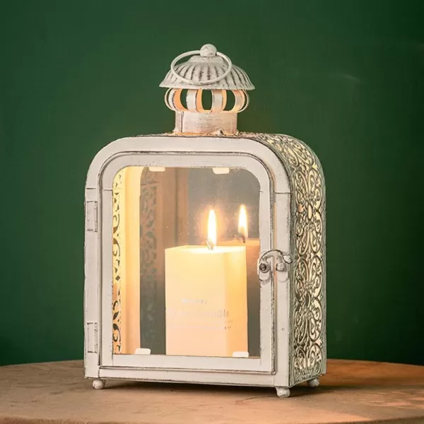 DECORKEY Candle Lantern Decorative Indoor ampamp Outdoor Vintage Metal Lanterns with Clear Glass TabletopampampHanging Candle Holders for Patio Front Porch Home Decor Halloween Christmas Decorations WhiteWhite