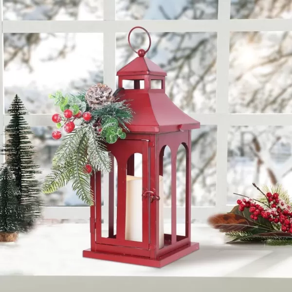 DECORKEY Christmas Decorations For Home Decorative Christmas Lantern Indoor Outdoor Decor Metal Hanging Candle Holder with Xmas Teardrop Wreath ampamp LED Candle for Table Centerpieces Patio PorchRed