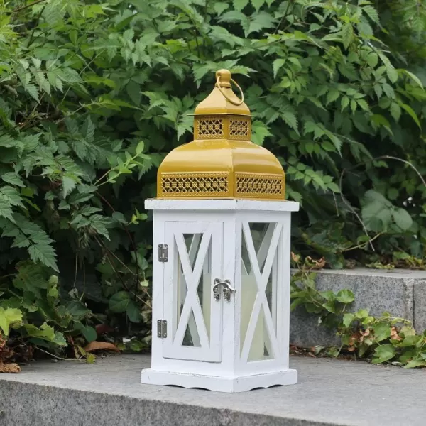 imageDECORKEY Wood Lantern Farmhouse Decor 167 Rustic Outdoor Metal Tabletop Lantern Vintage Hanging Candle Holders for Home Indoor Outdoor Front Porch Patio Wedding Party Centerpiece DecorWhite Wooddark Golden Metal