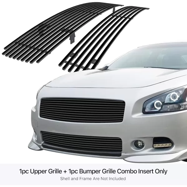 imageAPS Compatible with Nissan Maxima 20092014 Main Upper Lower Bumper Stainless Steel SS Black Billet Front Grill Grille Insert Combo N87774H