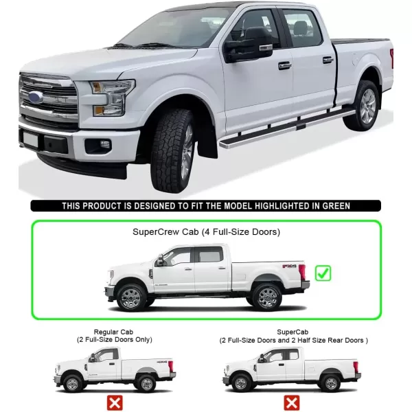 imageAPS Running Boards Side Steps Compatible with Ford F150 20152025 SuperCrew Cab ampamp F150 Lightning 20222025 ampamp F250 F350 Super Duty 20172025 Crew Cab Stainless Steel Black Powder Coated 5inStainless Steel Polished