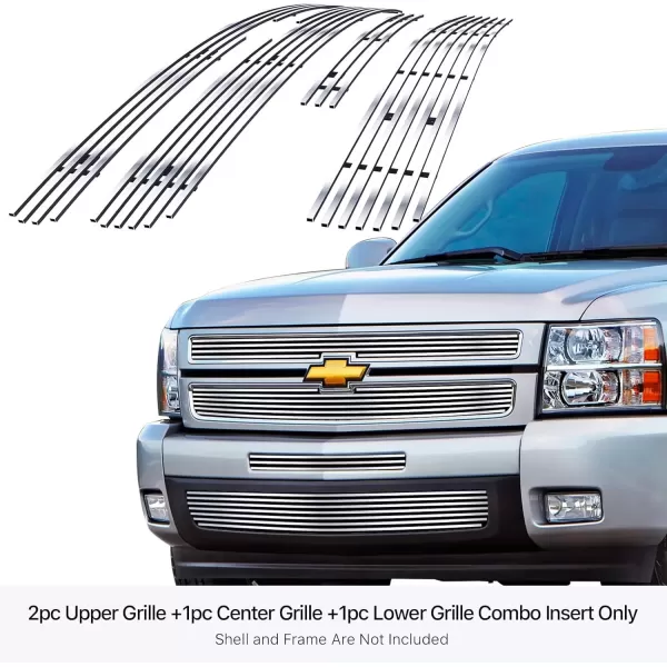 imageAPS Compatible with Chevy Silverado 1500 20072013 Main Upper Top Bumper Lower Bumper Stainless Steel SS Chrome Billet Front Grill Grille Insert Combo C61133AChrome