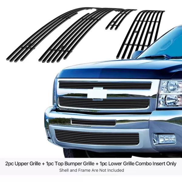 imageAPS Compatible with Chevy Silverado 1500 20072013 Main Upper Top Bumper Lower Bumper Stainless Steel SS Chrome Billet Front Grill Grille Insert Combo C61133ABlack