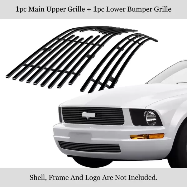 imageAPS Compatible with Ford Mustang 20052009 V6 Main Upper Lower Bumper Stainless Steel SS Black Billet Front Grill Grille Insert Combo F67810HBlack
