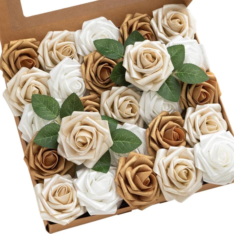 imageLings Moment Artificial Flowers 25Pcs Rosy Blush Roses Decor wStems3quot Real Touch DIY Foam Floral for Wedding BouquetCenterpieces Outdoors Party Backdrop RoomTable and GardenPot DecorationsWht Gold  White