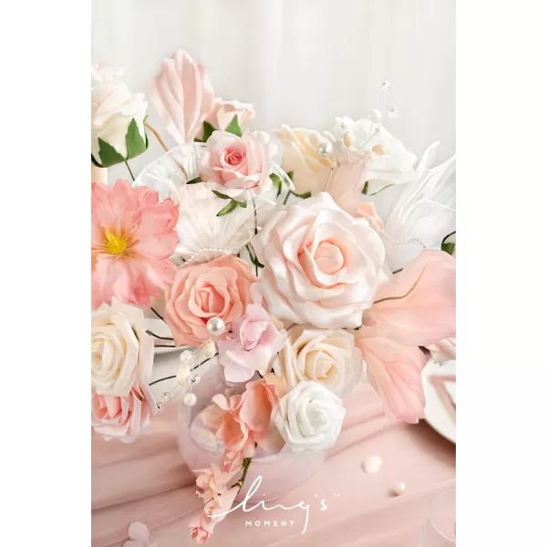 imageLings Moment Artificial Flowers 25Pcs Rosy Blush Roses Decor wStems3quot Real Touch DIY Foam Floral for Wedding BouquetCenterpieces Outdoors Party Backdrop RoomTable and GardenPot DecorationsWht Glowing Cream