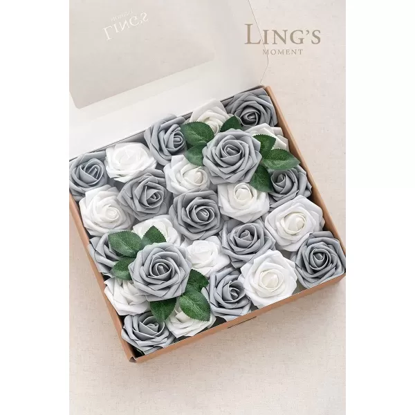 imageLings Moment Artificial Flowers 25Pcs Rosy Blush Roses Decor wStems3quot Real Touch DIY Foam Floral for Wedding BouquetCenterpieces Outdoors Party Backdrop RoomTable and GardenPot DecorationsSlv Shimmer Silver Grey  White