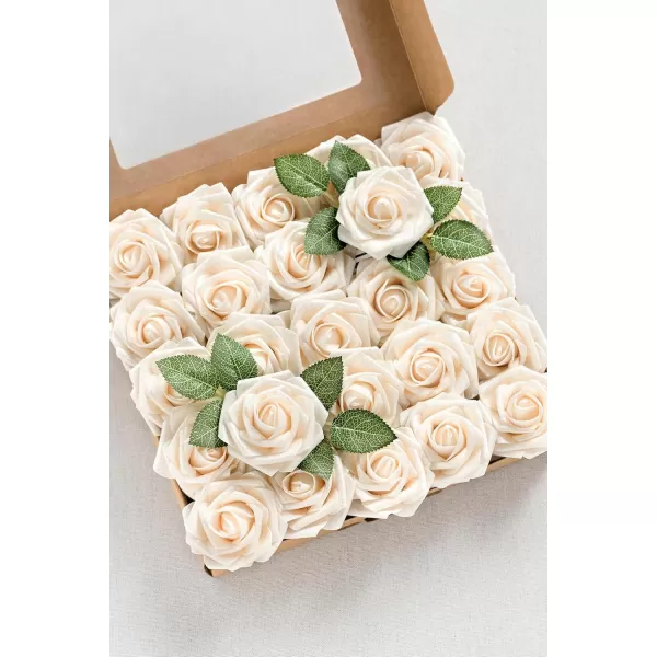 imageLings Moment Artificial Flowers 25Pcs Rosy Blush Roses Decor wStems3quot Real Touch DIY Foam Floral for Wedding BouquetCenterpieces Outdoors Party Backdrop RoomTable and GardenPot DecorationsWht Glowing Cream