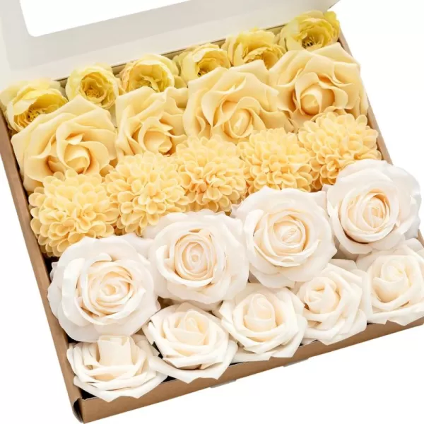 imageLings Moment Artificial Flowers Fake Silk Roses Faux Foam Flower Combo for DIY Wedding Bouquets Centerpieces Arrangements Bridal Shower Party Home Decorations Dusty Rose ampamp Cinnamon Rose 26pcsCreamy Yellow  Cream