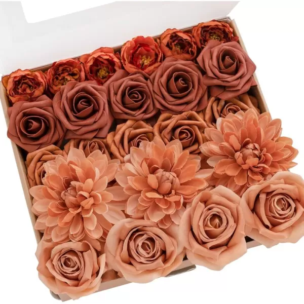 imageLings Moment Artificial Flowers Fake Silk Roses Faux Foam Flower Combo for DIY Wedding Bouquets Centerpieces Arrangements Bridal Shower Party Home Decorations Dusty Rose ampamp Cinnamon Rose 26pcsAmber  Terracotta