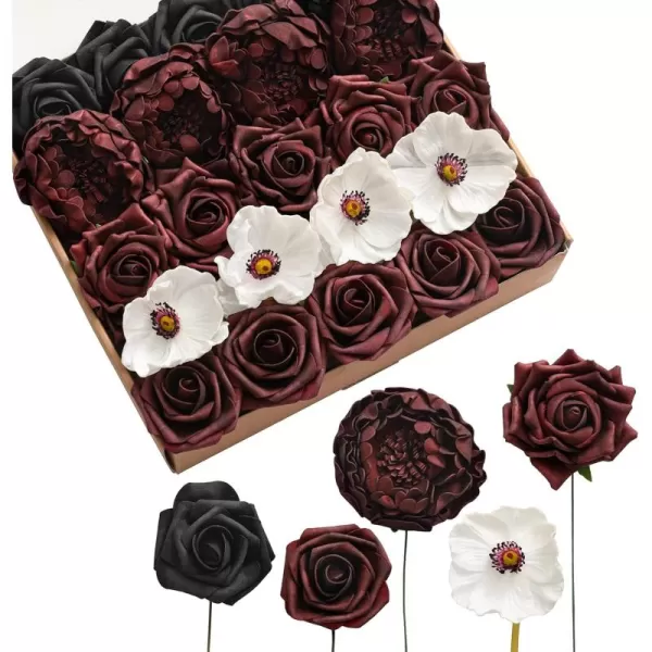 imageLings Moment Artificial Flowers Fake Silk Roses Faux Foam Flower Combo for DIY Wedding Bouquets Centerpieces Arrangements Bridal Shower Party Home Decorations Dusty Rose ampamp Cinnamon Rose 26pcsDark Red  Black  White