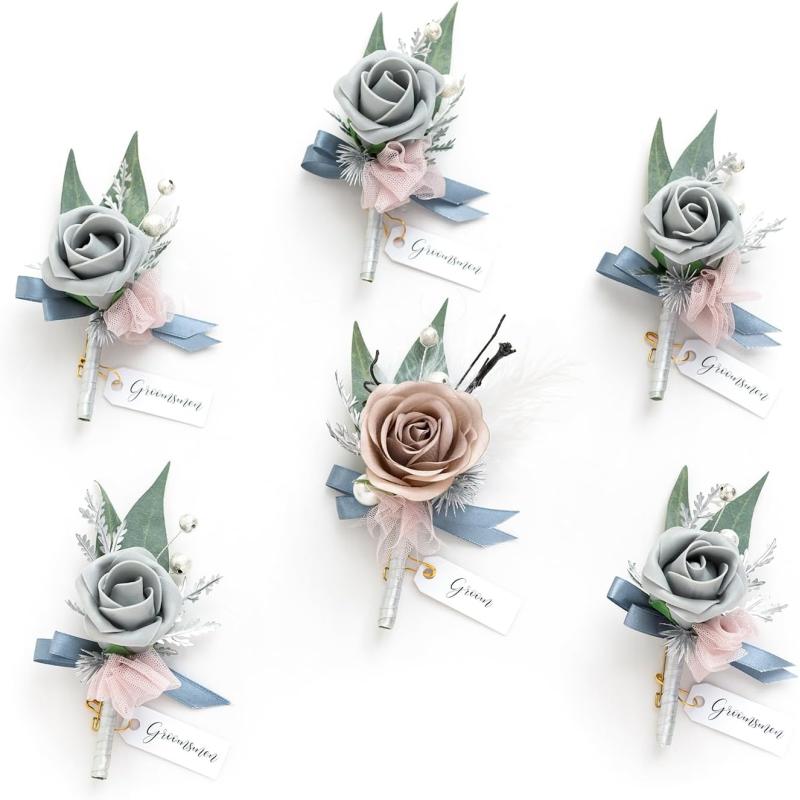 imageLings Moment Boutonniere for Men 6pcs Groom Groomsmen Boutonniere Artificial Flowers for Wedding DecorPromHomecoming etcNavy Blue ampamp PinkGrygray  Dusty Rose