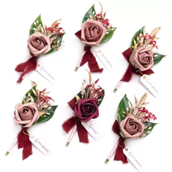 imageLings Moment Boutonniere for Men 6pcs Groom Groomsmen Boutonniere Artificial Flowers for Wedding DecorPromHomecoming etcNavy Blue ampamp PinkPkmarsala  Dusty Rose