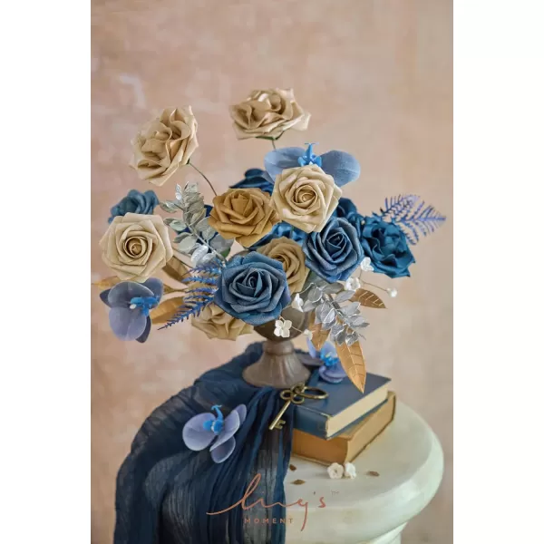 imageLings Moment Artificial Flowers Dusty Blue Dahlia Flowers Combo for DIY Wedding Bouquets Centerpieces Arrangements Party Baby Shower Home Decorations Bridal ShowerB2navy Blue  Gold