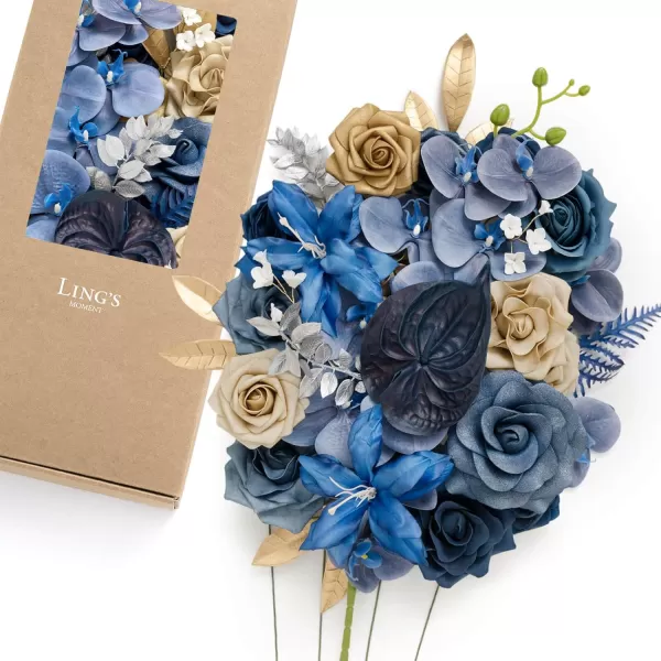 imageLings Moment Artificial Flowers Dusty Blue Dahlia Flowers Combo for DIY Wedding Bouquets Centerpieces Arrangements Party Baby Shower Home Decorations Bridal ShowerB2navy Blue  Gold