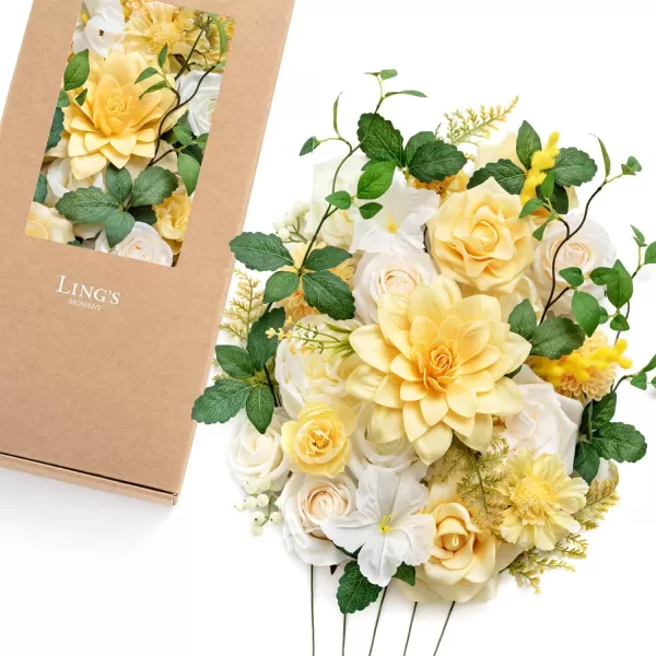 imageLings Moment Artificial Flowers Dusty Blue Dahlia Flowers Combo for DIY Wedding Bouquets Centerpieces Arrangements Party Baby Shower Home Decorations Bridal ShowerA4creamy Yellow