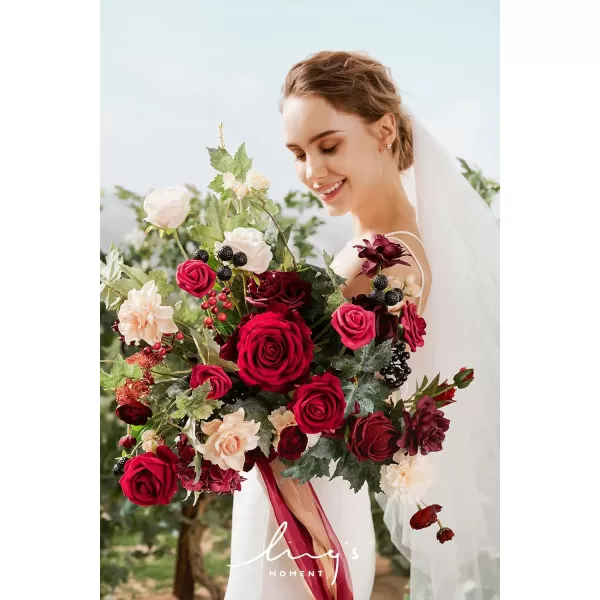 imageLings Moment Red Burgundy Bridal Bouquet Christmas Winter Wedding Bouquets for Bride 15 Inch Silk Free Form Artificial Wedding Flower BouquetBordeaux Red