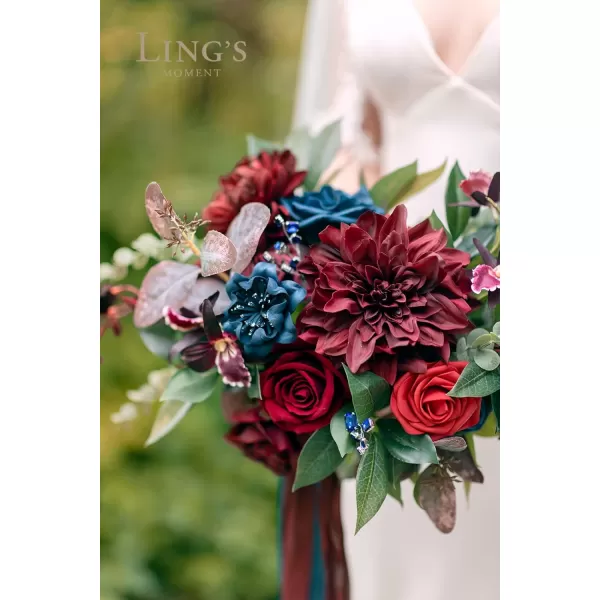 imageLings Moment Red Burgundy Bridal Bouquet Christmas Winter Wedding Bouquets for Bride 15 Inch Silk Free Form Artificial Wedding Flower BouquetBurgundy  Navy