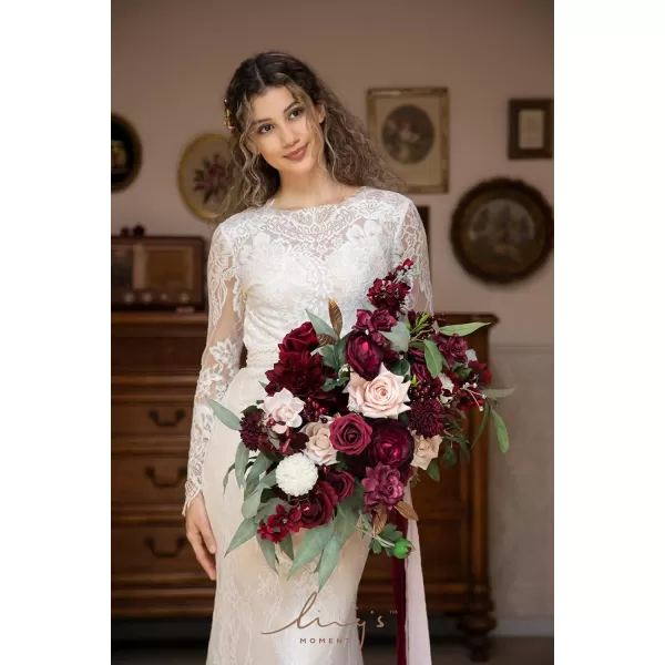 imageLings Moment Red Burgundy Bridal Bouquet Christmas Winter Wedding Bouquets for Bride 15 Inch Silk Free Form Artificial Wedding Flower BouquetMarsala  Blush