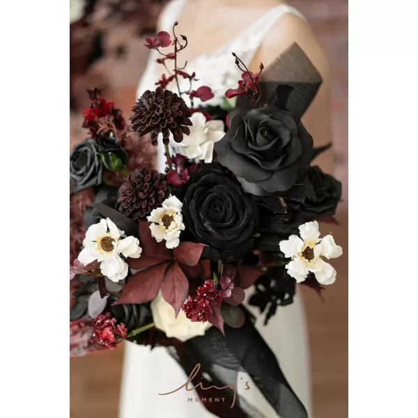 imageLings Moment Red Burgundy Bridal Bouquet Christmas Winter Wedding Bouquets for Bride 15 Inch Silk Free Form Artificial Wedding Flower BouquetMoody Burgundy  Black