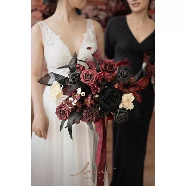 imageLings Moment Red Burgundy Bridal Bouquet Christmas Winter Wedding Bouquets for Bride 15 Inch Silk Free Form Artificial Wedding Flower BouquetMoody Burgundy  Black