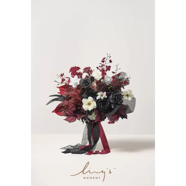 imageLings Moment Red Burgundy Bridal Bouquet Christmas Winter Wedding Bouquets for Bride 15 Inch Silk Free Form Artificial Wedding Flower BouquetMoody Burgundy  Black