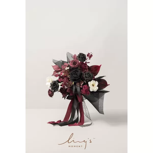 imageLings Moment Red Burgundy Bridal Bouquet Christmas Winter Wedding Bouquets for Bride 15 Inch Silk Free Form Artificial Wedding Flower BouquetMoody Burgundy  Black