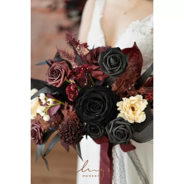 imageLings Moment Red Burgundy Bridal Bouquet Christmas Winter Wedding Bouquets for Bride 15 Inch Silk Free Form Artificial Wedding Flower BouquetMoody Burgundy  Black