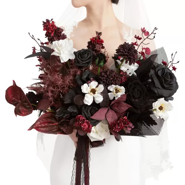 imageLings Moment Red Burgundy Bridal Bouquet Christmas Winter Wedding Bouquets for Bride 15 Inch Silk Free Form Artificial Wedding Flower BouquetMoody Burgundy  Black