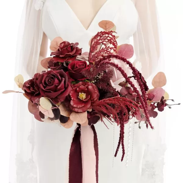 imageLings Moment Red Burgundy Bridal Bouquet Christmas Winter Wedding Bouquets for Bride 15 Inch Silk Free Form Artificial Wedding Flower BouquetBurgundy  Dusty Rose