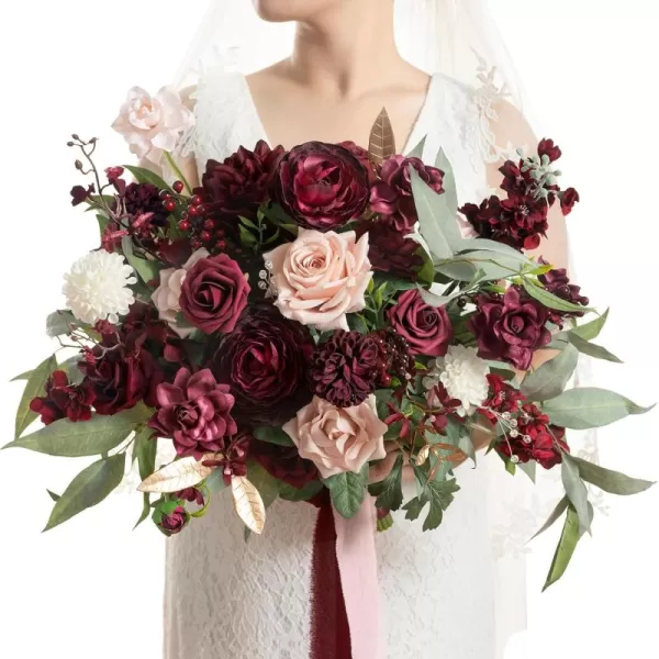 imageLings Moment Red Burgundy Bridal Bouquet Christmas Winter Wedding Bouquets for Bride 15 Inch Silk Free Form Artificial Wedding Flower BouquetMarsala  Blush