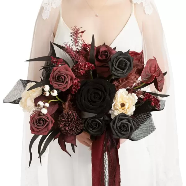 imageLings Moment Red Burgundy Bridal Bouquet Christmas Winter Wedding Bouquets for Bride 15 Inch Silk Free Form Artificial Wedding Flower BouquetMoody Burgundy  Black