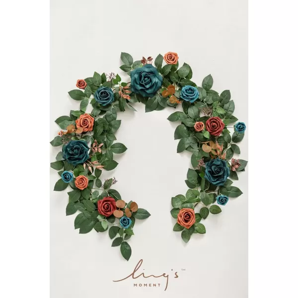 imageLings Moment 5FT Dusty Blue Artificial Flower Garland Rose Leaves Floral Garland Arch Flowers Vine Table Garland for Wedding Party Backdrop Decor Home Mantel Table Centerpieces DecorationDark Teal  Burnt Orange