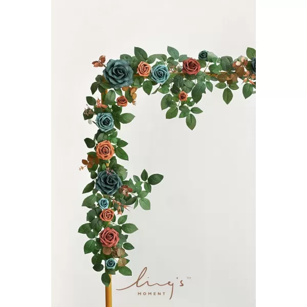 imageLings Moment 5FT Dusty Blue Artificial Flower Garland Rose Leaves Floral Garland Arch Flowers Vine Table Garland for Wedding Party Backdrop Decor Home Mantel Table Centerpieces DecorationDark Teal  Burnt Orange