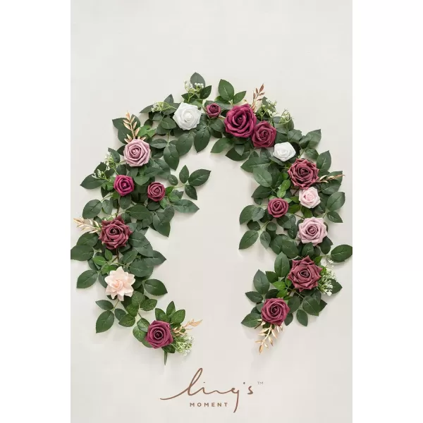 imageLings Moment 5FT Dusty Blue Artificial Flower Garland Rose Leaves Floral Garland Arch Flowers Vine Table Garland for Wedding Party Backdrop Decor Home Mantel Table Centerpieces DecorationBurgundy