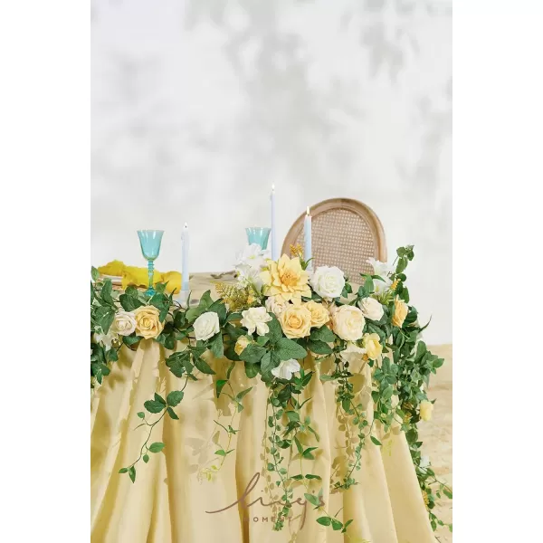 imageLings Moment 9FT Eucalyptus and Willow Leaf Garland with White Flower Handcrafted Wedding Sweetheart Table Centerpieces Head Table Decor Arch Backdrop Decorations for Wedding  Blush BlueYellow