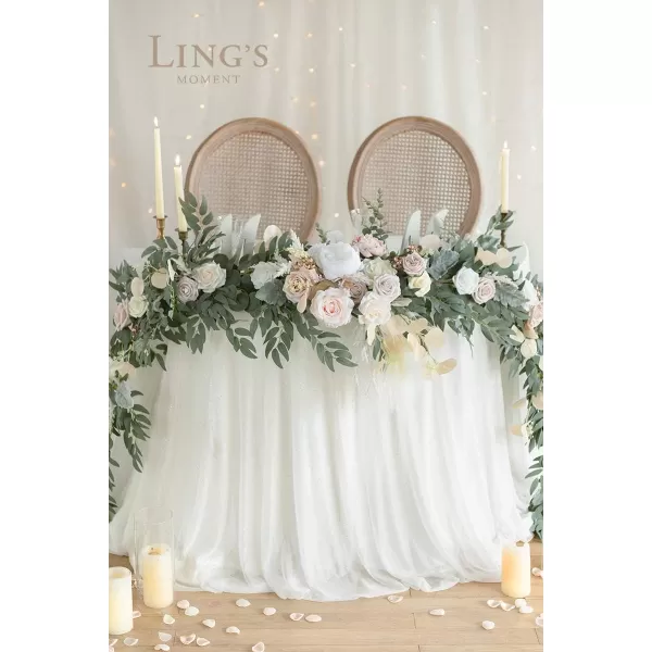 imageLings Moment 9FT Eucalyptus and Willow Leaf Garland with White Flower Handcrafted Wedding Sweetheart Table Centerpieces Head Table Decor Arch Backdrop Decorations for Wedding  Blush BlueWhite Beige