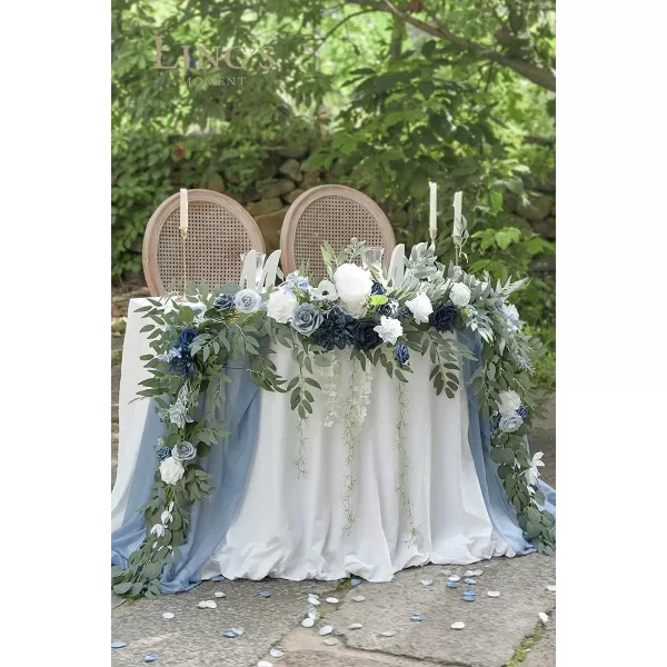 imageLings Moment 9FT Eucalyptus and Willow Leaf Garland with White Flower Handcrafted Wedding Sweetheart Table Centerpieces Head Table Decor Arch Backdrop Decorations for Wedding  Blush BlueDusty Blue