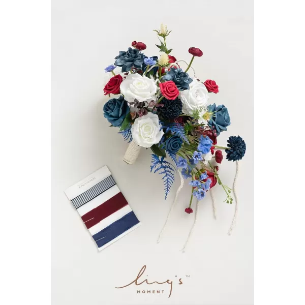 imageLings Moment Navy Blue Burgandy Bridal Bouquet Cascading Jewel Tone Wedding Bouquets for Bride 15 Inch Bride Bouquets for Wedding Artificial Flowers BouquetsBurgundy  Navy Blue2