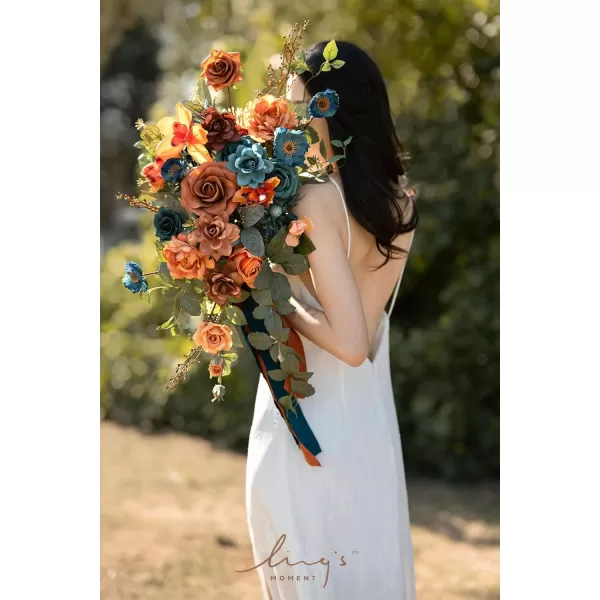 imageLings Moment Navy Blue Burgandy Bridal Bouquet Cascading Jewel Tone Wedding Bouquets for Bride 15 Inch Bride Bouquets for Wedding Artificial Flowers BouquetsBurnt Orange  Teal