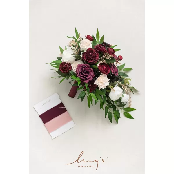 imageLings Moment Navy Blue Burgandy Bridal Bouquet Cascading Jewel Tone Wedding Bouquets for Bride 15 Inch Bride Bouquets for Wedding Artificial Flowers BouquetsMarsala  Blush Pink