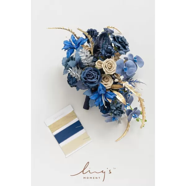 imageLings Moment Navy Blue Burgandy Bridal Bouquet Cascading Jewel Tone Wedding Bouquets for Bride 15 Inch Bride Bouquets for Wedding Artificial Flowers BouquetsRoyal Blue  Gold