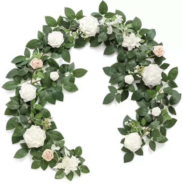 imageLings Moment 5FT Dusty Blue Artificial Flower Garland Rose Leaves Floral Garland Arch Flowers Vine Table Garland for Wedding Party Backdrop Decor Home Mantel Table Centerpieces DecorationWhite