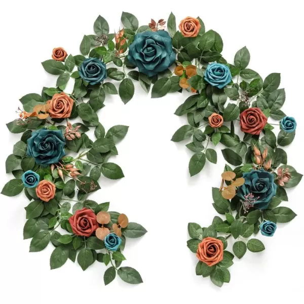 imageLings Moment 5FT Dusty Blue Artificial Flower Garland Rose Leaves Floral Garland Arch Flowers Vine Table Garland for Wedding Party Backdrop Decor Home Mantel Table Centerpieces DecorationDark Teal  Burnt Orange