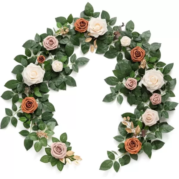 imageLings Moment 5FT Terracotta Artificial Flower Garland Rose Eucalyptus Leaves Fall Floral Garland Burnt Orange Arch Flowers Vine for Wedding Party Backdrop Decor Mantel Table Centerpieces DecorationsTerracotta