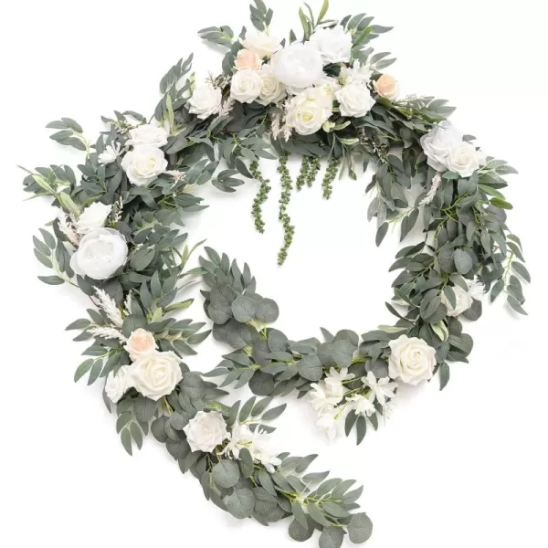 imageLings Moment 9FT Eucalyptus and Willow Leaf Garland with White Flower Handcrafted Wedding Sweetheart Table Centerpieces Head Table Decor Arch Backdrop Decorations for Wedding  Blush BlueWhite