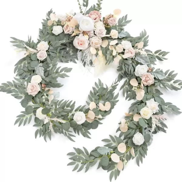 imageLings Moment 9FT Eucalyptus and Willow Leaf Garland with White Flower Handcrafted Wedding Sweetheart Table Centerpieces Head Table Decor Arch Backdrop Decorations for Wedding  Blush BlueWhite Beige