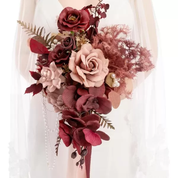 imageLings Moment Navy Blue Burgandy Bridal Bouquet Cascading Jewel Tone Wedding Bouquets for Bride 15 Inch Bride Bouquets for Wedding Artificial Flowers BouquetsBurgundy  Dusty Rose