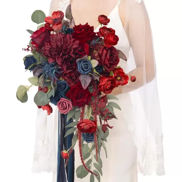 imageLings Moment Navy Blue Burgandy Bridal Bouquet Cascading Jewel Tone Wedding Bouquets for Bride 15 Inch Bride Bouquets for Wedding Artificial Flowers BouquetsBurgundy  Navy Blue